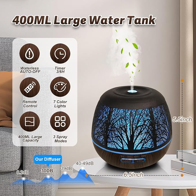 Roonbo Diffusers for Essential Oils Large Room 400ml, Essential Oil Diffuser - Image 5