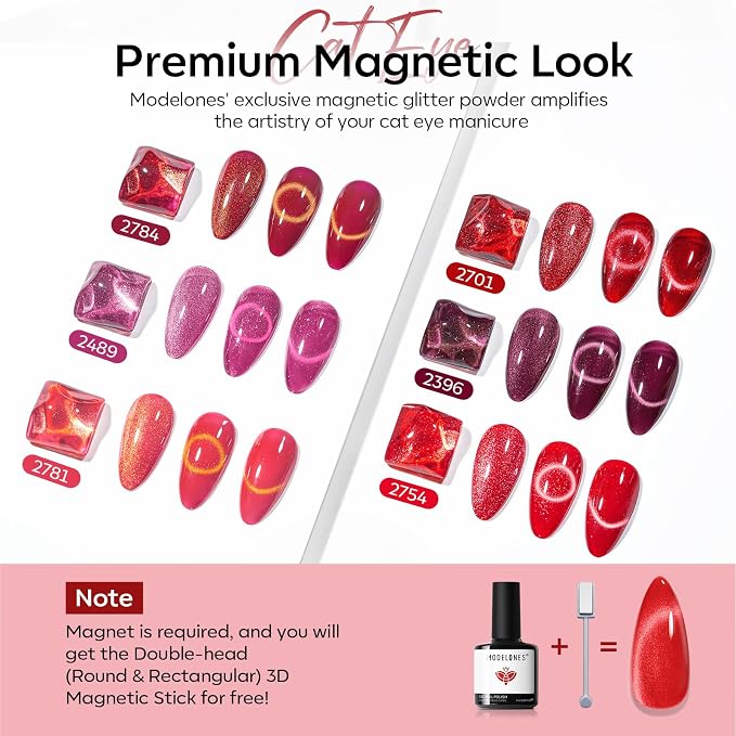 modelones Cat Eye Gel Nail Polish, 6 Colors Red Glitter Burgundy Ruby Sparkle - Image 2