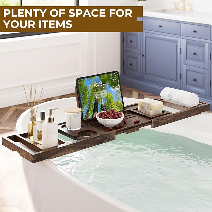 Venusmiles Teak Bathtub Tray Caddy, Foldable Bath Tray - Image 2