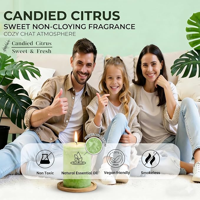 4 Pack Candied Citrus Scented Pillar Candles, Natural Essential Oils, 60H Long - Image 3