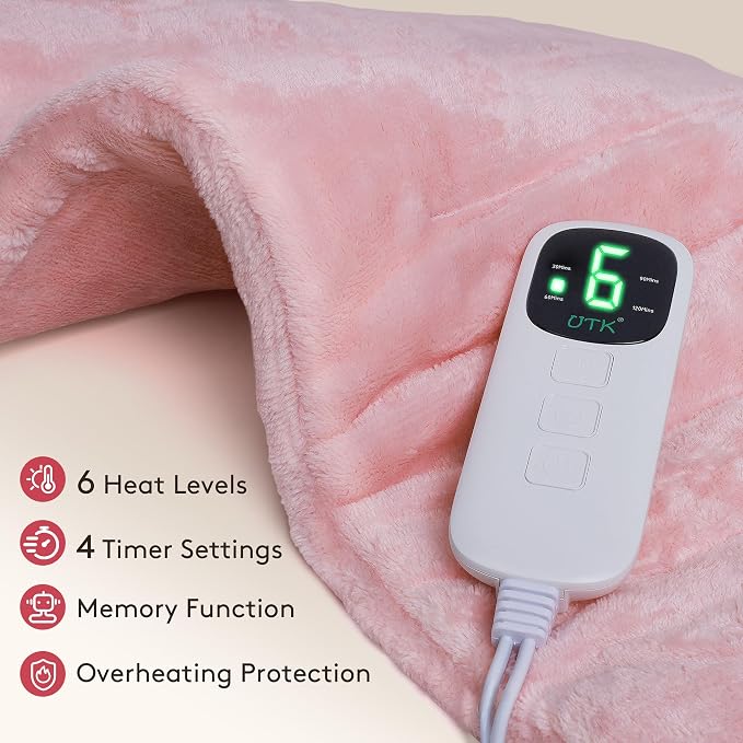 UTK Pink Heating Pad for Back Pain Relief, Soft Flannel Machine Washable Fabric - Image 4