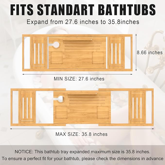 Bathtub Tray Caddy, Premium Bamboo Expandable Bath Tub Trays Table, Foldable - Image 3