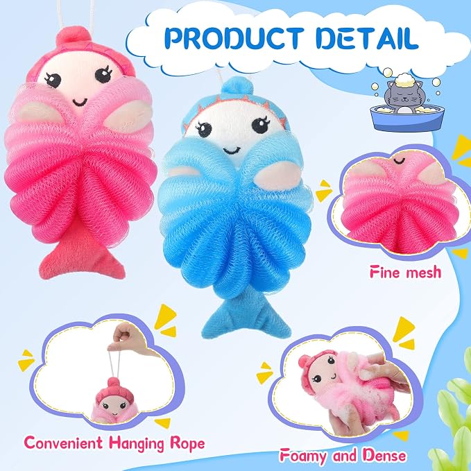 Nuenen 2 Pcs Bath Loofahs Kids Toddler Cute Cartoon Bath Sponges Loofah Pouf - Image 3