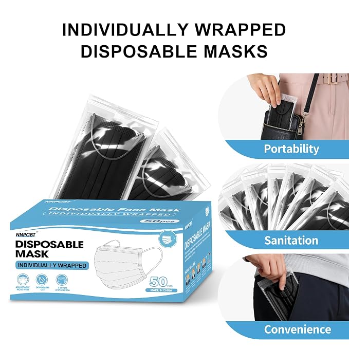 NNPCBT Black Individually Wrapped Masks 50pcs, Disposable Face Masks - Image 2