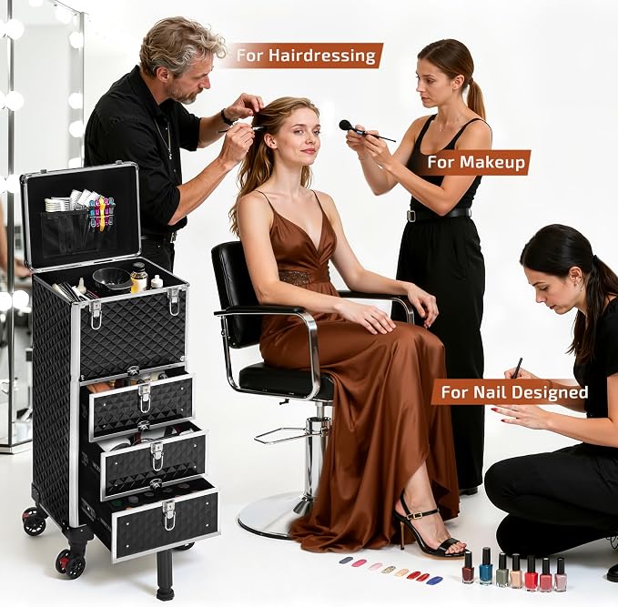 Rolling Makeup Train Case with 3 Drawers, Nail Trolley Cart Salon Station - Image 3