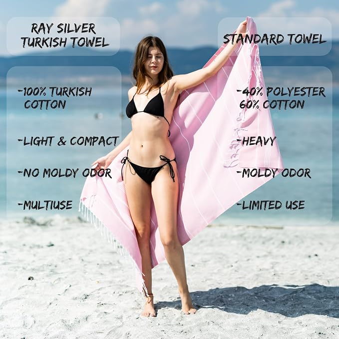 Ray Silver Turkish Beach Towel – 100% Cotton 40x71 Quick Dry Oversized Sand - Image 5