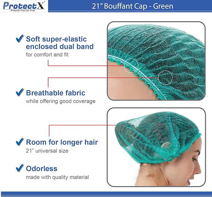 ProtectX 100-Pack Green Disposable Hair Nets, Elastic Head Cover, Bouffant Caps - Image 3