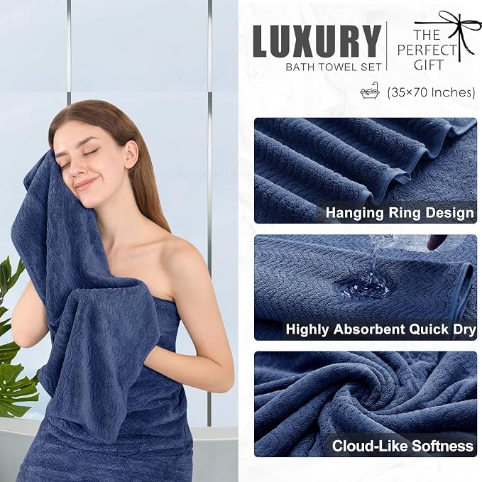 8 Piece Bath Towel Set Navy |2 Oversized Large Bath Sheet, 2 Hand Towels - Image 3