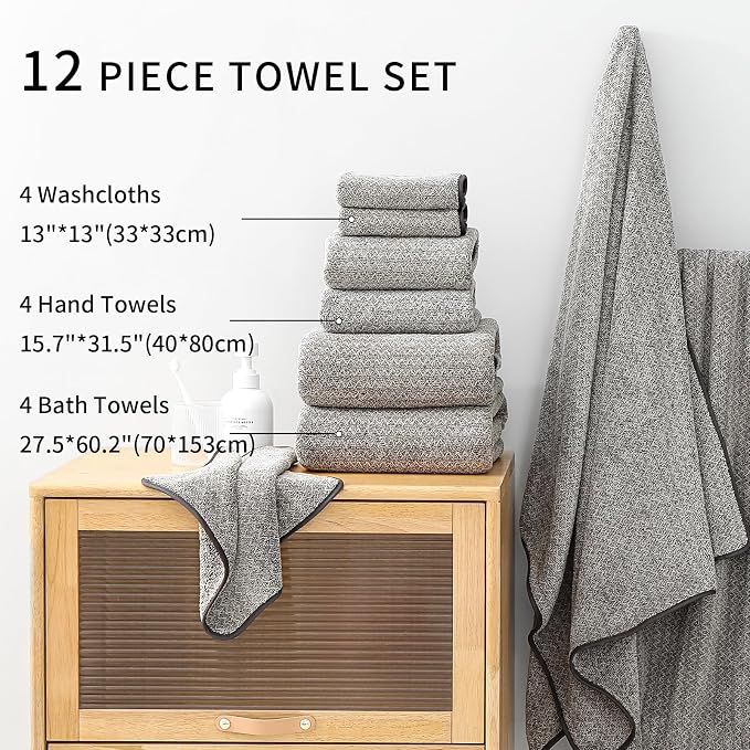 Ultra Soft Bath Towel Set, 12 Piece Family Bathroom Towels Set - Image 5