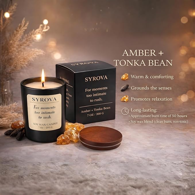 Amber & Tonka Bean Candle, Luxury Scented Soy Candle 7oz, Warm Cozy Fragrance - Image 2