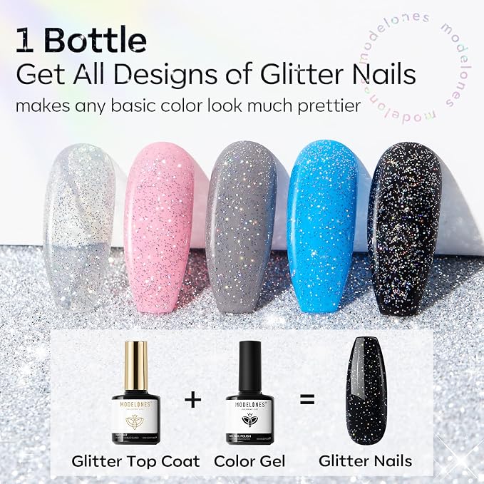 modelones Glitter Gel Top Coat, Reflective Iridescent Silver Mix Glitter - Image 3