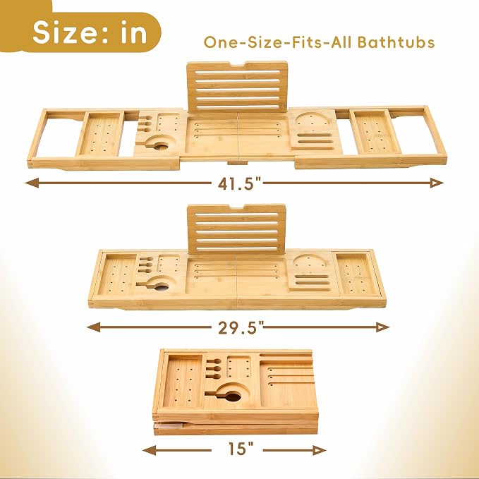 Premium Foldable Bamboo Bathtub Tray Caddy, Expandable Bath Caddy Tray - Image 2