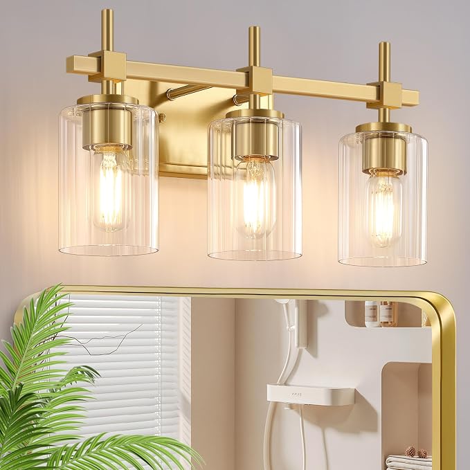 Asnxcju 3-Light Brushed Gold Bathroom Light Fixtures, Modern Gold Vanity Lights by ASNXCJU