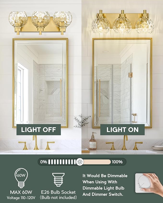 Bathroom Light Fixtures Over Mirror, 3-Light Brushed Gold Vanity Light - Image 5