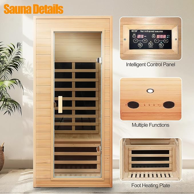 Far Infrared Sauna, 1 Person Infrared Sauna, Canadian Hemlock Wood 1290W - Image 4