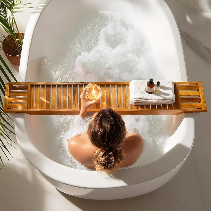 VaeFae Teak Bathtub Tray, Wooden Bath Caddy - Image 2