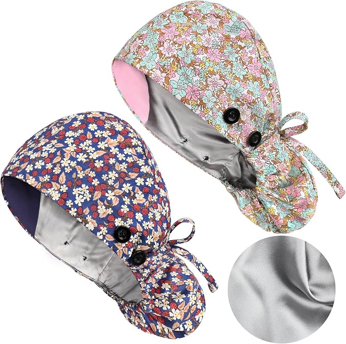 Satin Lined Scrub Caps with Buttons & Sweathand, Surgical Caps by Yuest