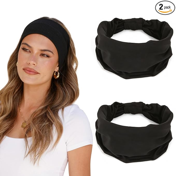 2 Pack Black Wide Headbands for Women by GiLi