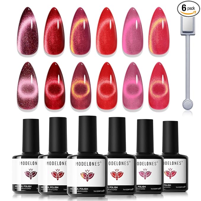 modelones Cat Eye Gel Nail Polish, 6 Colors Red Glitter Burgundy Ruby Sparkle by MODELONES