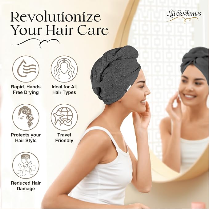 Lili&James 100% Cotton Hair Towel Wrap Quick Dry Super Absorbent Turban Head - Image 6