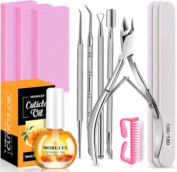 MORGLES Cuticle Remover Tools, Nail Files and Buffers Set by Morgles