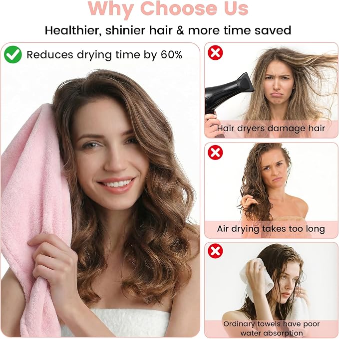 Microfiber Hair Towel Wrap for Women, 2 Pack Large Fast Drying Hair Towel - Image 6