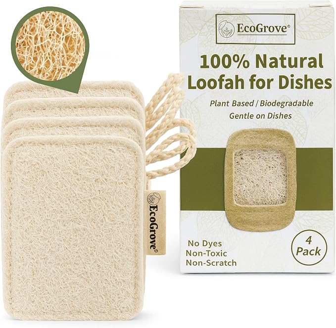 Natural Loofah Dish Sponges 4 Pack – 100% Plant-Based Luffa Scrubber by EcoGrove