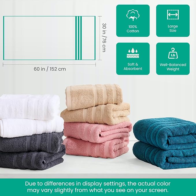 Bath Towels 4 Pack, 30 x 60 Inches, Large 100% Cotton Towels, Comfortable - Image 7