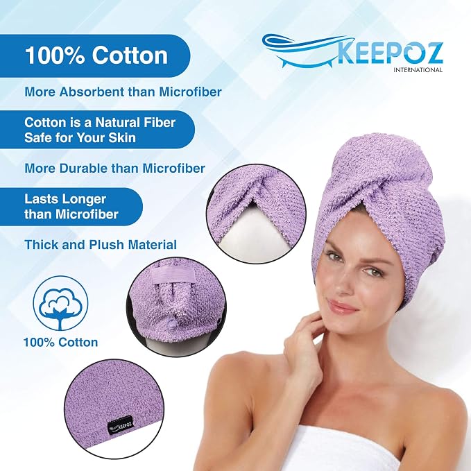 KEEPOZ Hair Towel Wrap Quick Dry 100% Cotton Super Absorbent Turban Head Wrap - Image 5