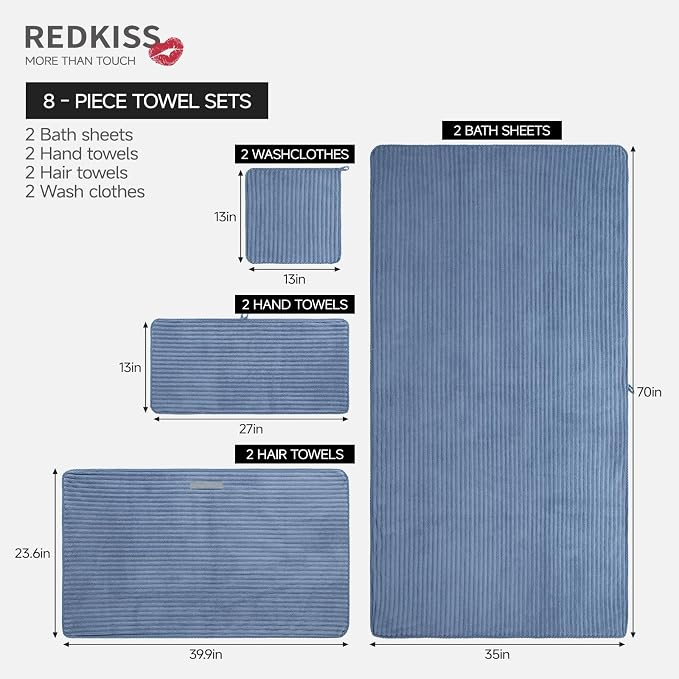 REDKISS Blue Bath Towels Set 8 Piece - Image 3