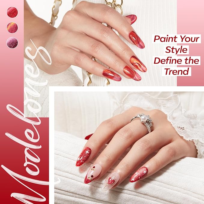 modelones Cat Eye Gel Nail Polish, 6 Colors Red Glitter Burgundy Ruby Sparkle - Image 4