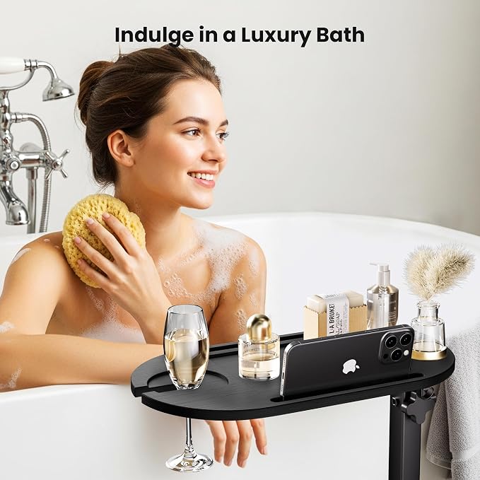 Bamboo Bathtub Table with Adjustable Height, Freestanding Bath Tray Caddy Board - Image 7