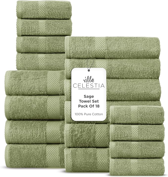 100% Cotton Bath Towel Set of 18-4 Bath Towels, 6 Hand Towels, 8 Wash Cloths by VillaCelestia