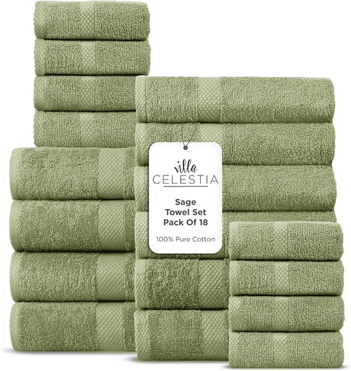 100% Cotton Bath Towel Set of 18-4 Bath Towels, 6 Hand Towels, 8 Wash Cloths by VillaCelestia