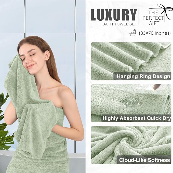 8 Piece Bath Towel Set Green|2 Oversized Large Bath Sheet, 2 Hand Towels - Image 3
