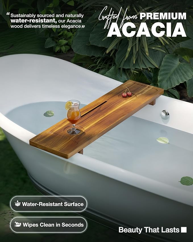 Bathtub Tray, Acacia Bath Tray for Tub, 34.6''x9'' Wooden Bathtub Caddy Tray - Image 2