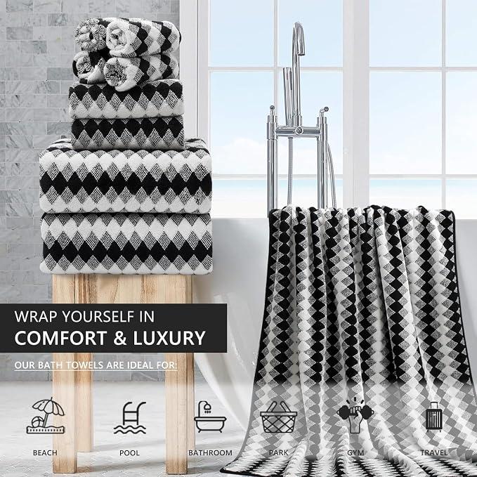8 Piece Bathroom Towel Set Black White|2 Oversized Large Bath Towels Sheet - Image 2