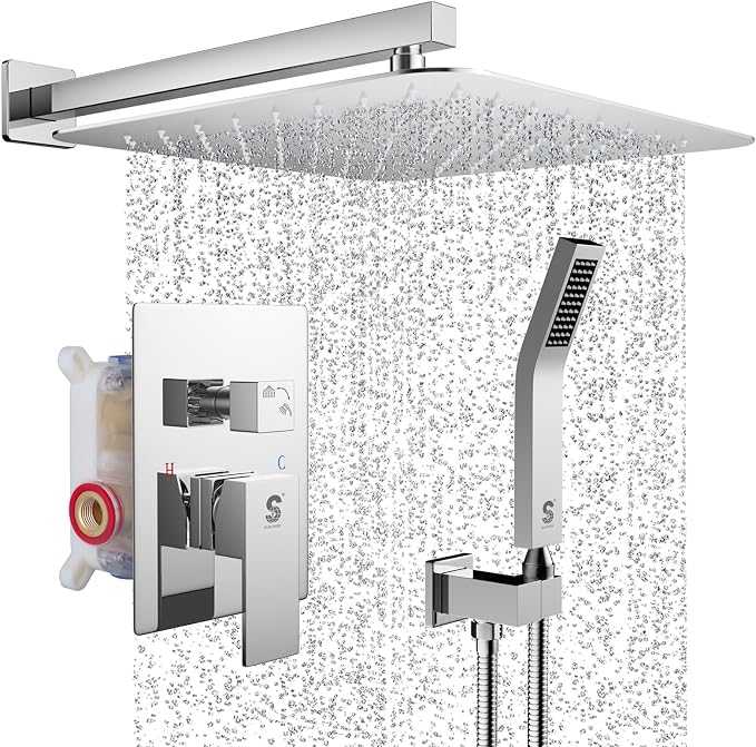 SR SUN RISE Polished Chrome Square Rainfall Shower Head and Handle Set by SRSUNRISE