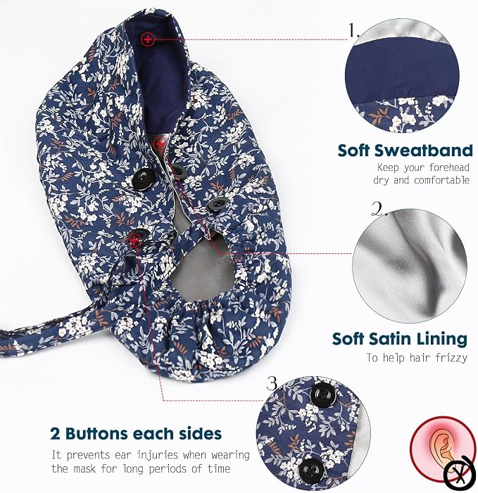 Satin Lined Scrub Caps with Buttons & Sweathand, Surgical Caps - Image 2