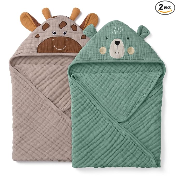 Blissful Diary Muslin Baby Hooded Towel 2 Pack, Soft & Absorbent Bath Towel by ForEveryBabysBetterLife