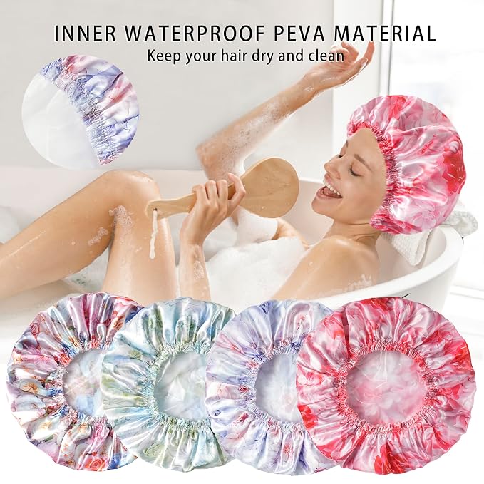 4 PCS Shower Caps for Women, Printing Bath Caps, Double Layers Shower Cap - Image 7