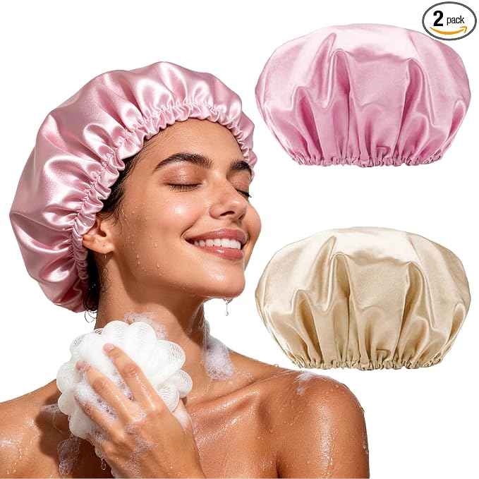 Smilco 2 Pack Shower Caps for Women, Reusable Waterproof Double Layer Bath Cap by Smilco