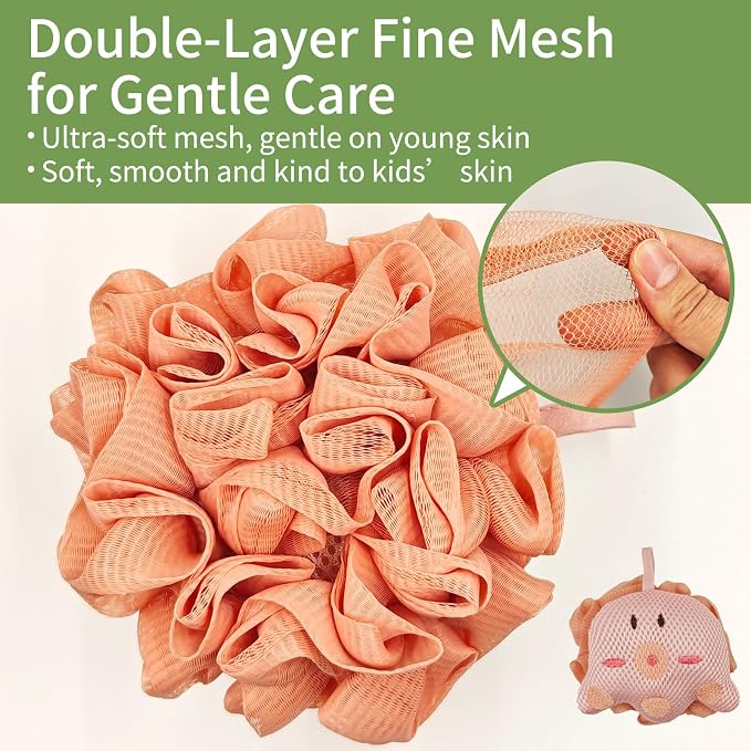 Kids Loofah, Cute Octopus & Bear Bath Sponge, Double-Layer Soft Mesh Loofah - Image 3
