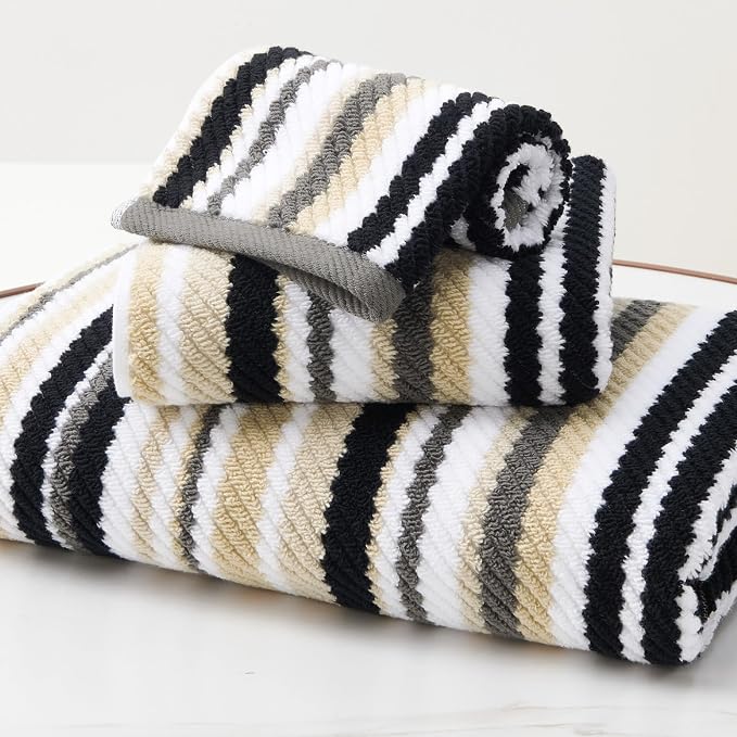 VOOVA & MOVAS Quick Dry Soft Absorbent Black Striped Towel Set by VOOVAMOVAS