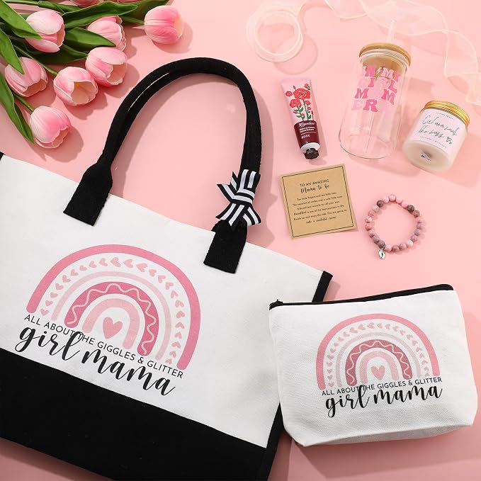 7 Sets Girl Mom Gifts for New Mom Gifts Tote Bag Makeup Bag Candle Bracelet Cup - Image 5