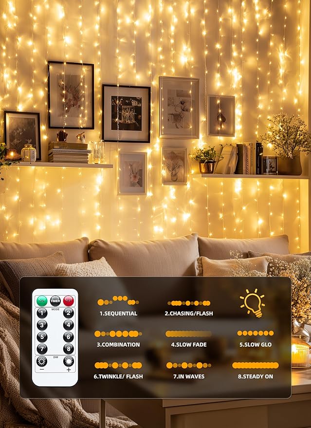 Brightown 300 LED Fairy Curtain Lights, 9.8ft x 9.8ft Warm White Curtain String - Image 5