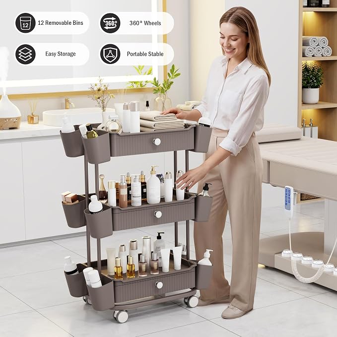 3 Tier Drawer Beauty Cart with 12 Movable Storage Organizer, Thickened ABS & - Image 3