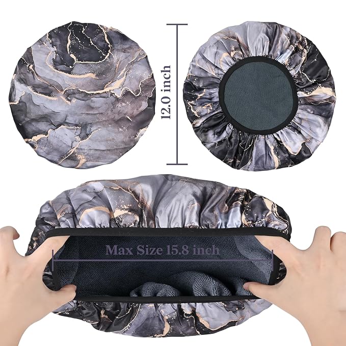 Black Marble Print Satin Shower Cap, Three-Layer Terry Cloth Lined, - Image 2