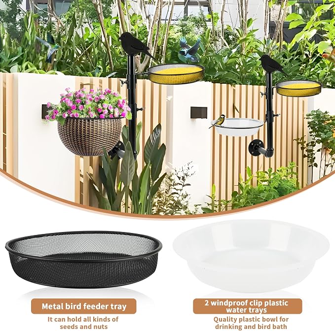Wall-Mounted Bird Feeder with Metal Seed Tray and 2 Bath Bowls - Image 4