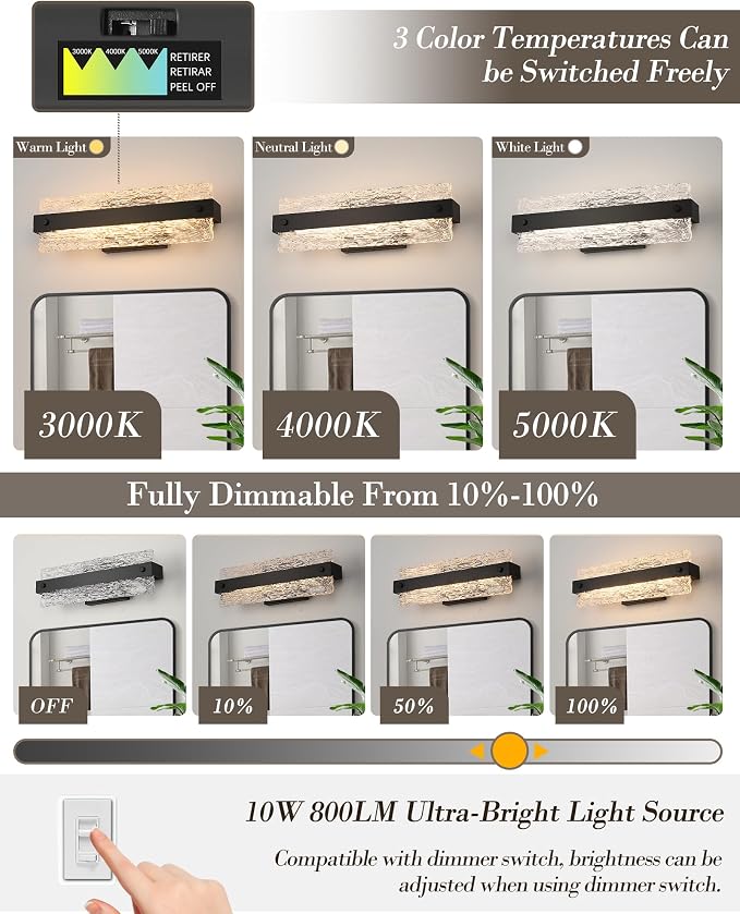 Modern Black Bathroom Vanity Light, 16.5 Inch 10W Dimmable LED Bathroom Light - Image 4